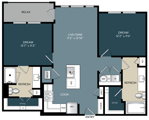 Floor plan for 2 beds, 2 baths, 958 sqft